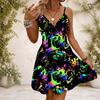 Women Plus Size Black V Neck Sleeveless Spaghetti Strap Gathered Waist Flared Printed Dress