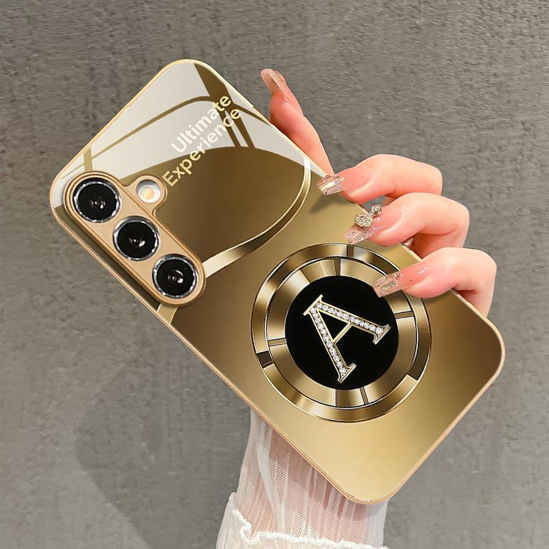Golden Circular Logo with Letter Pattern Glass Phone Case for Samsung Galaxy S26 S25 S24 S23 S22 S21 and other models