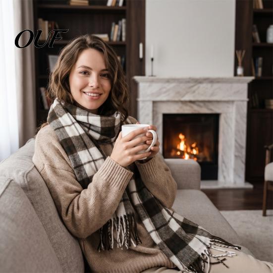 Cashmere Feel Warm Neck Scarf Classic Plaid for Women, Soft Cashmere-like Winter Shawl British Style Tartan with Tassels, Large Wrap Coats Sweaters