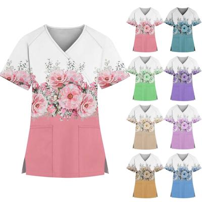 Women's Fashion V-neck Floral Printed Short Sleeve Workwear With Pockets  Tops