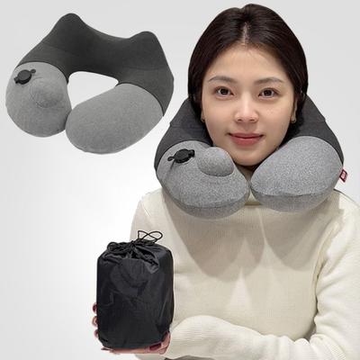 Foldable Press Type Inflatable Travel Pillow Washable Lightweight Double Hump Neck Pillow With Storage Bag Detachable