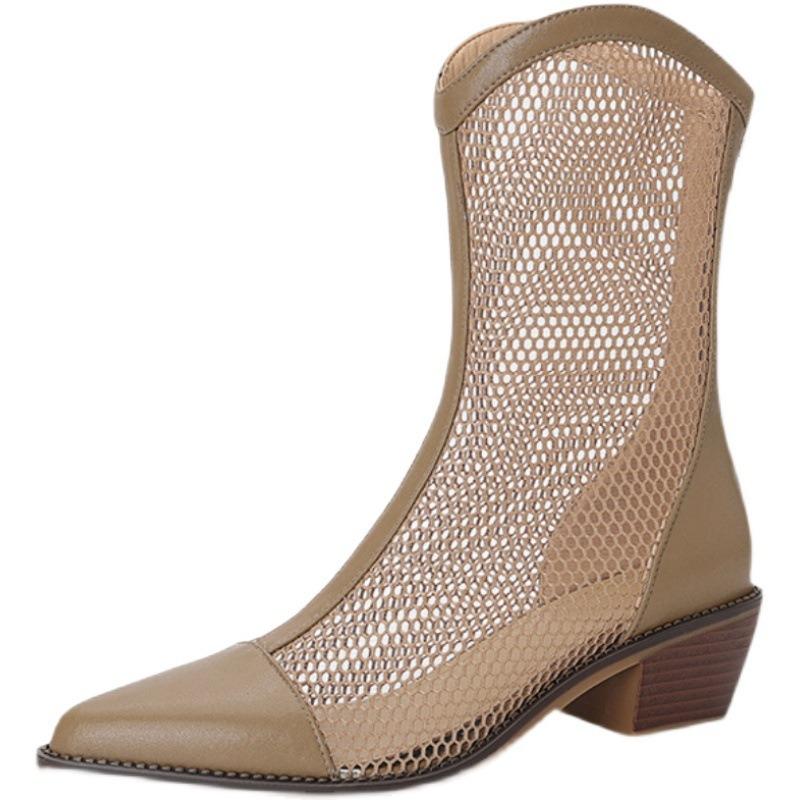 Black Hollow Sandals Women 2024 Summer Chunky Heel Pointed Toe Back Zip Mesh Cool Boots Versatile Women Shoes Brown Long Boots