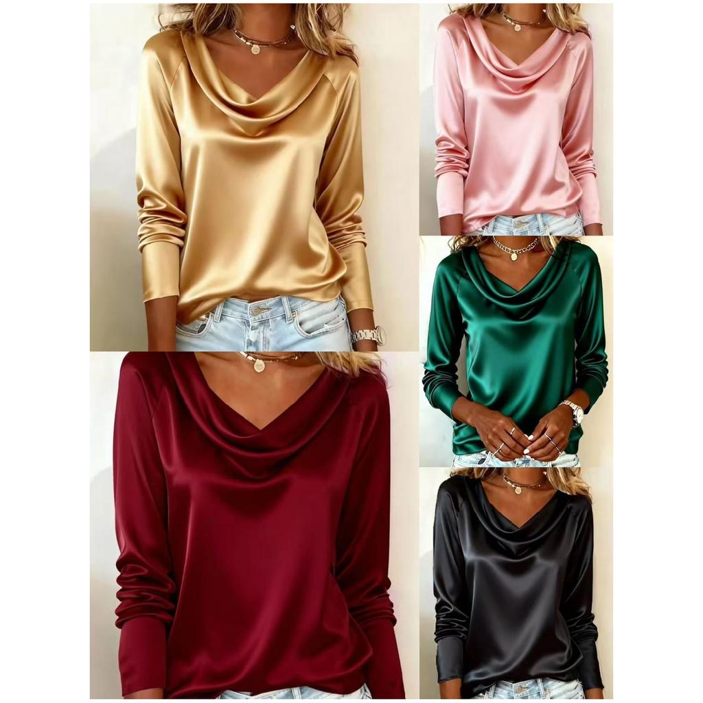 Spring Autumn Versatile Office Draped Collar Flowy Long-Sleeve Blouse - Stylish Elegant 100% Polyester Shirt