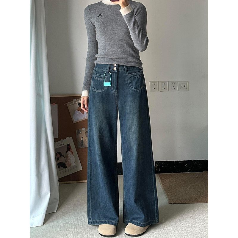 

Pear-Shaped Body Retro Blue Jeans for Women, Plus-Size Early Spring New High-Waisted Slimming Hip-Covering Floor-Length Wide-Leg Pants Vintage Blue Regular 4XL