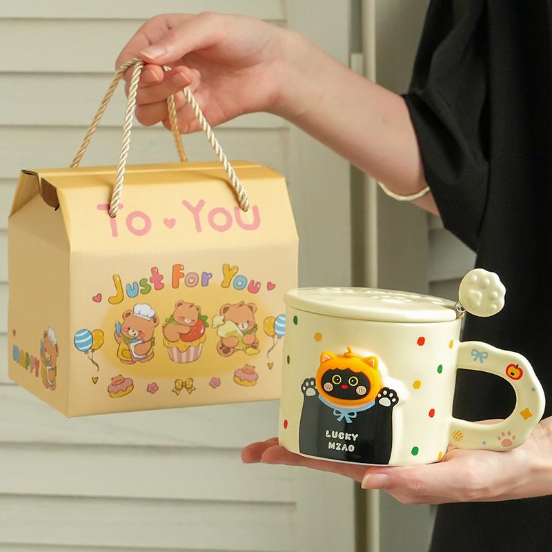 High-Value Cat Ceramic With Lid Household Coffee Couple Cup Practical Souvenir Water Cup
