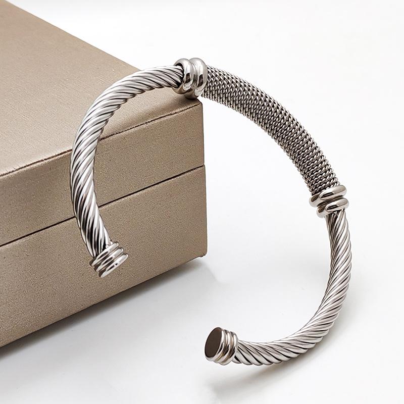 Stylish European-American 18K Gold Stainless Steel Wire Bracelet for Women, Geometric Open Design, Inlaid with Colored Diamonds, Colorfast.