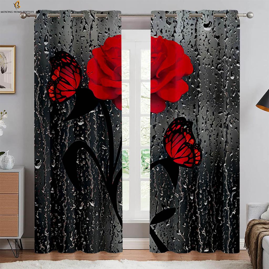 Zasłony z nadrukiem motyli i kwiatów Zasłony we wzór retro czerwonych róż Nadają się do sypialni, salonu, kuchni Zasłony dekoracyjne