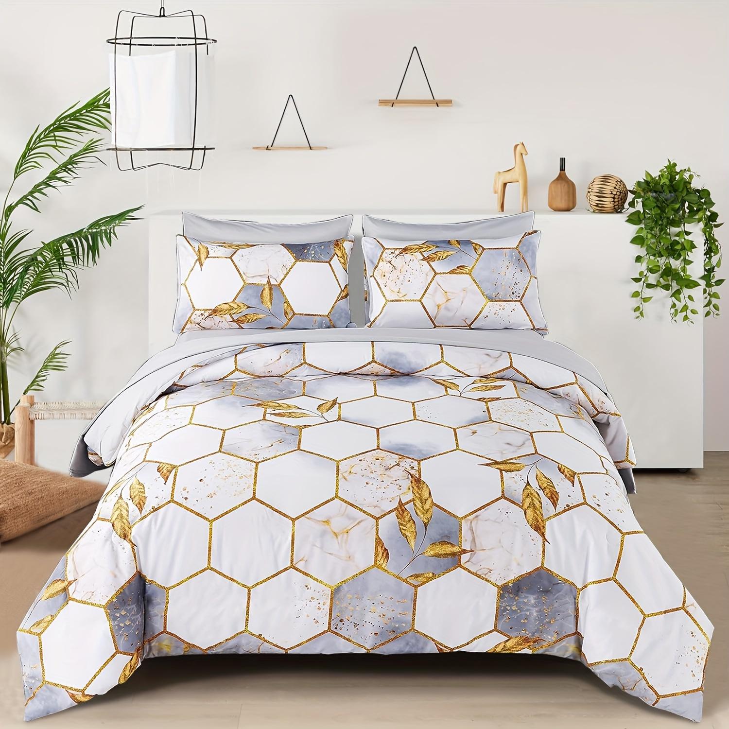 

Комплект постельного белья с рисунком в виде сот, комплект постельного белья с геометрическим узором и шестиугольниками, комплект постельного белья с золотым листом, сверхмягкий и легкий комплект постельного белья из микрофибры 135X200cm