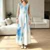 Coastal Resort Long Dress,Sleeveless Light Blue Gradient Tie Dye Pattern U Neck Sundress