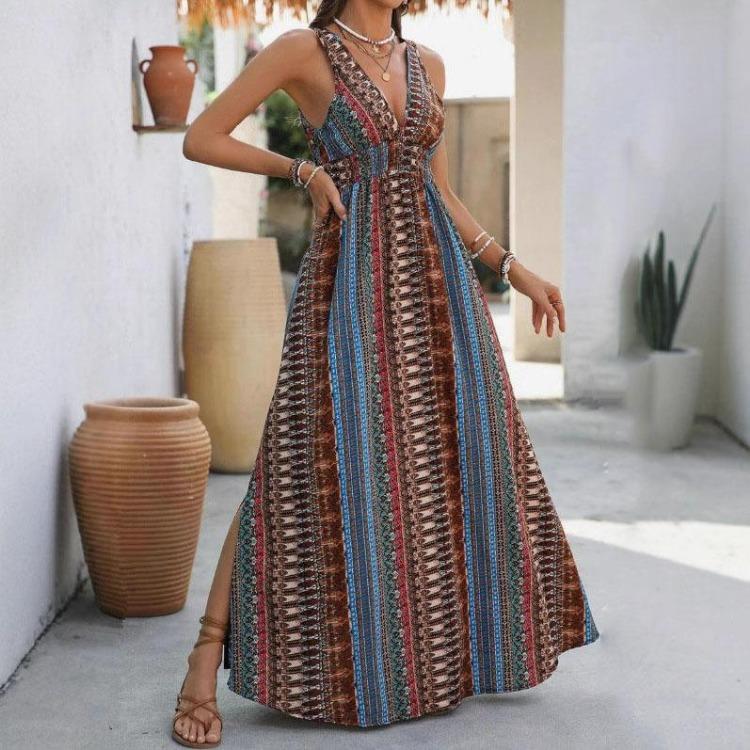 Böhmisk Sommarklänning Dam Retro Tryckt Axelband Rygglös Bandage Stor Fåll En Del Semesterstil