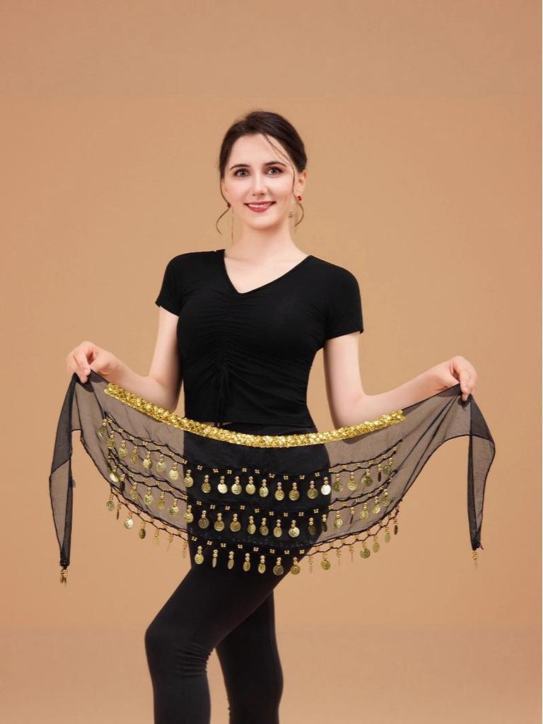 Bauchtanz Hüfttuch Gürtel mit Goldrand dreilagige Taillenkette