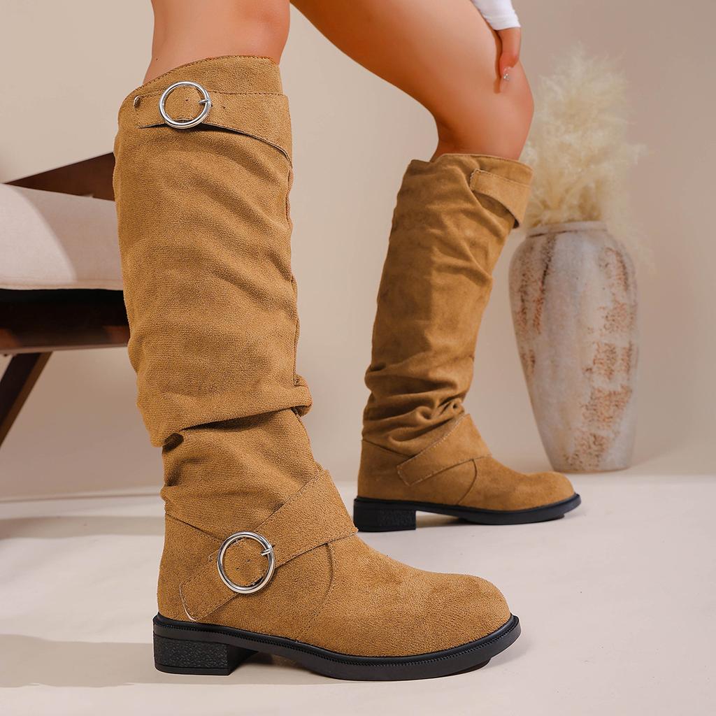 Autumn and Winter New Pleated Piled Boots Women's New Thin Thick Heel Thick Soled Suede Knight Boots
