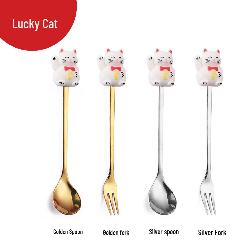 Cartoon Rabbit Christmas Dessert Spoon and Fork Set - Cute Party Favor Stirring Spoon