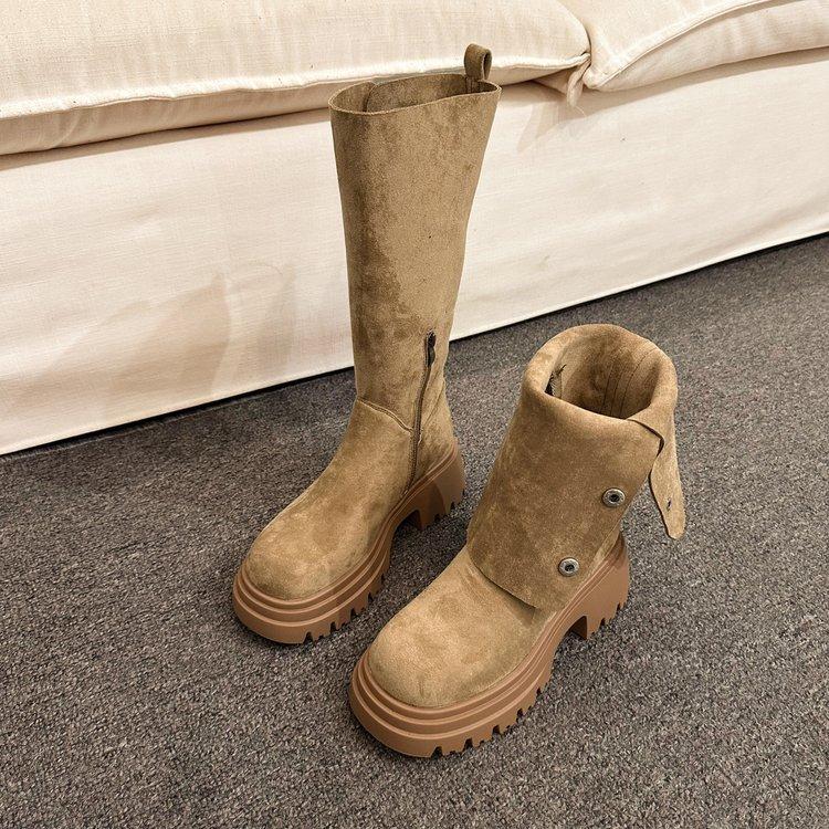 

[youshilai] Thick-soled long boots, small height-increasing medium tube knight boots, women s two wear folded western boots 39