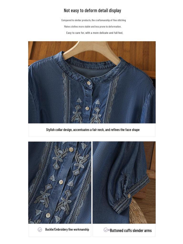 Women's Tencel Denim Drape Short Sleeve Shirt - Retro Style 2025
