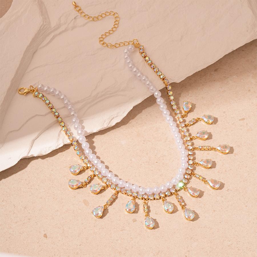 Light luxury zircon water drop diamond imitation pearl double-layer clavicle necklace temperament necklace