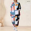 Women Plus Size Geometric Printed Scrub Set V Neck Long Sleeve Top Long Pants With Pockets