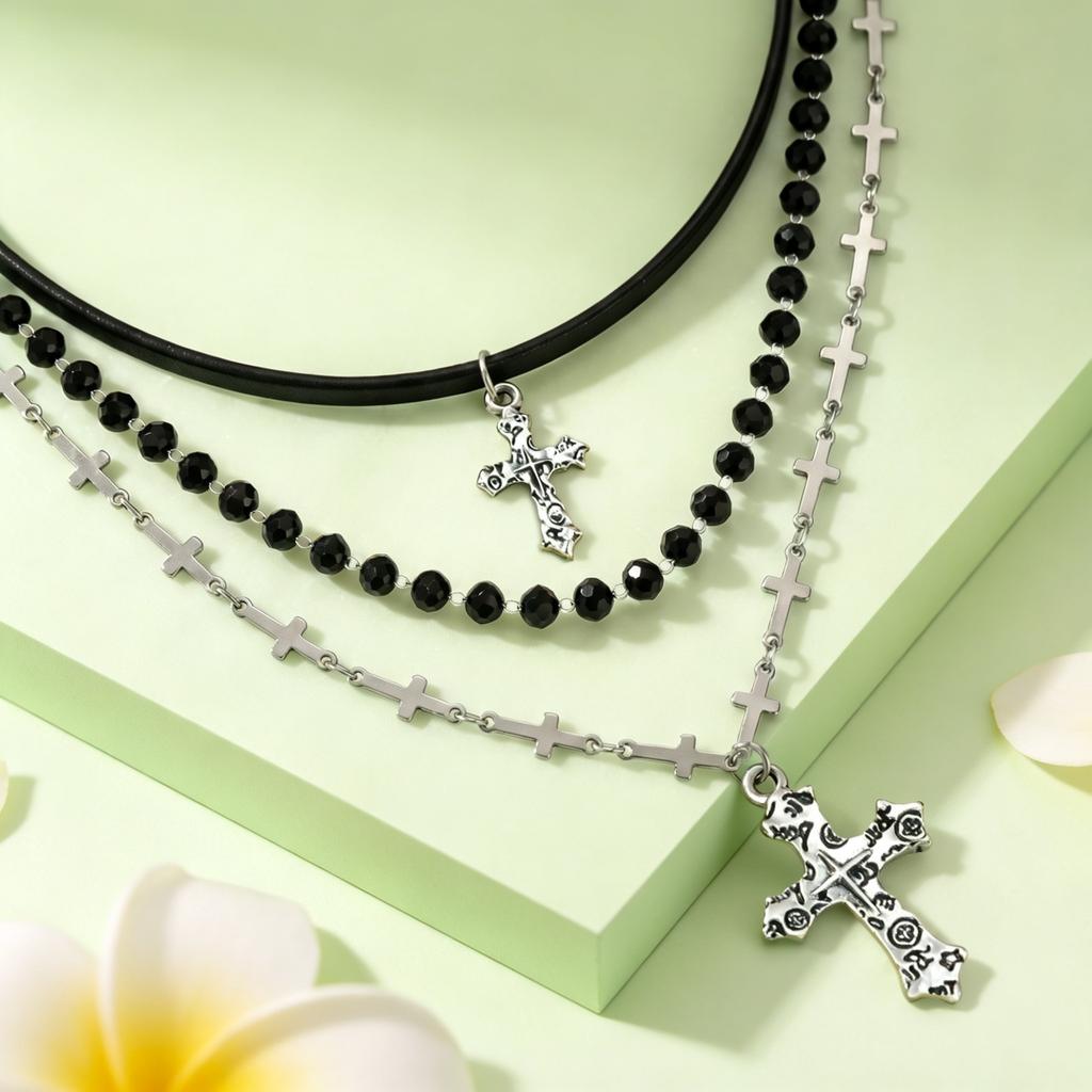 Gothic Y2K Cross Pendant Multi Layer Bead Necklace For Women Men Vintage Punk Grunge EMO Charm Jewelry Gift