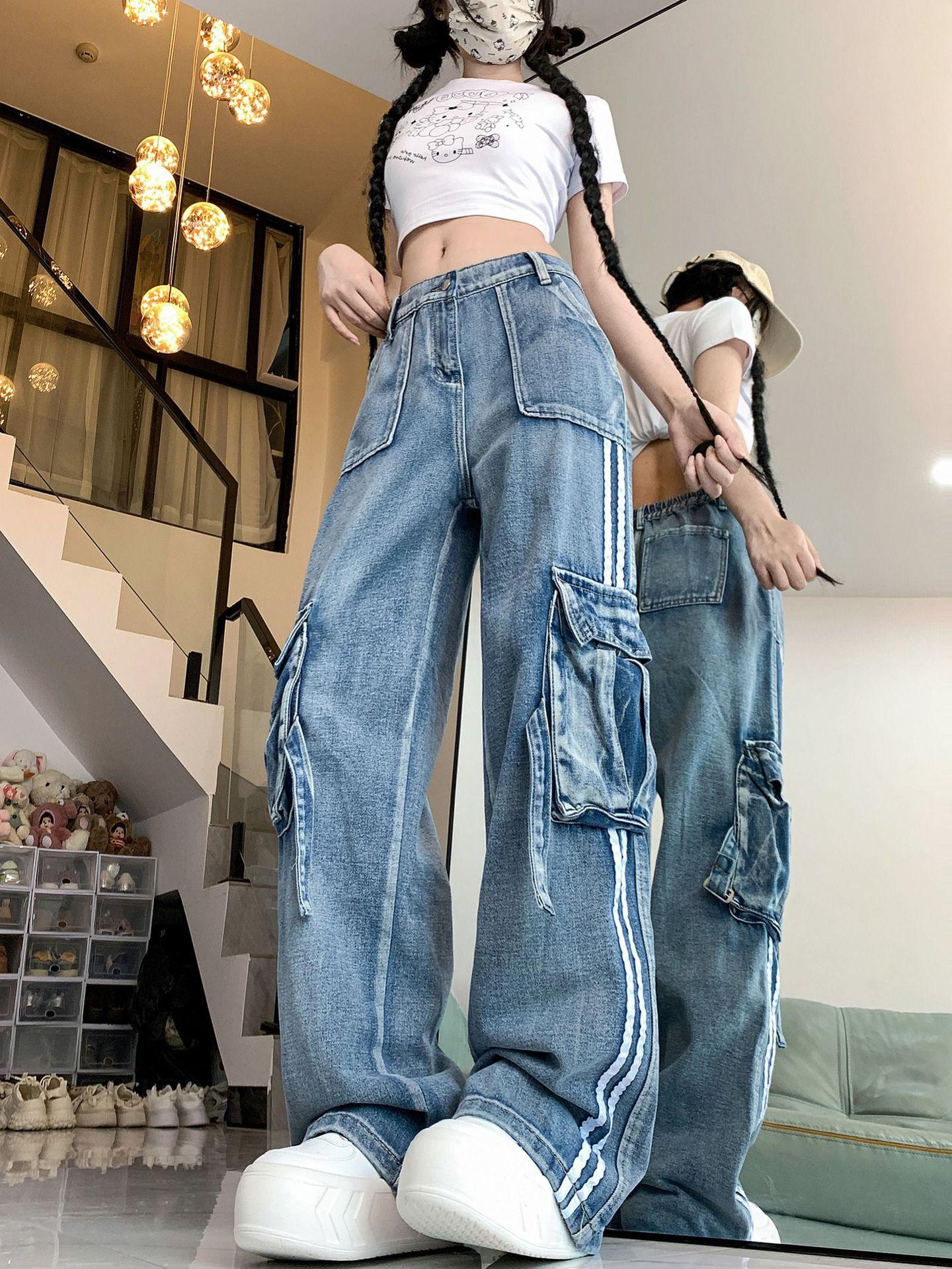 

Американский полосатый принт в стиле ретро с высокой талией для похудения, уличная рабочая одежда с большими карманами, джинсы, женские дизайнерские идеи, новый стиль L синий