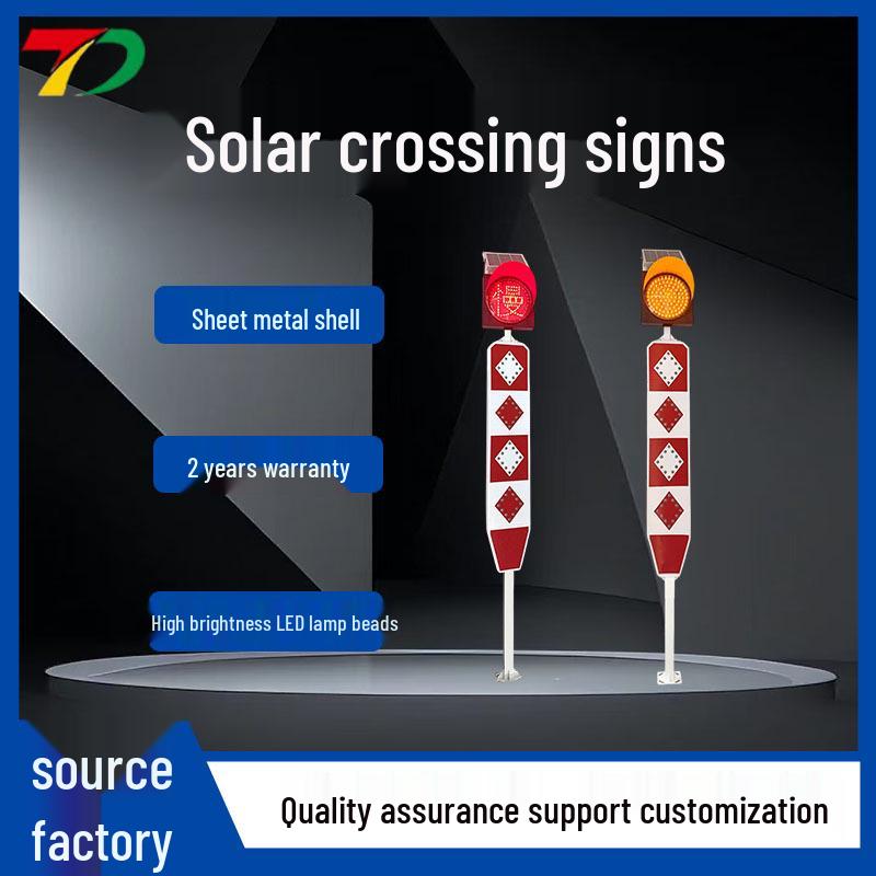 Solar-Powered Pedestrian Priority Railway Crossing Signal with Flashing Yellow Light and Reflective Signage.