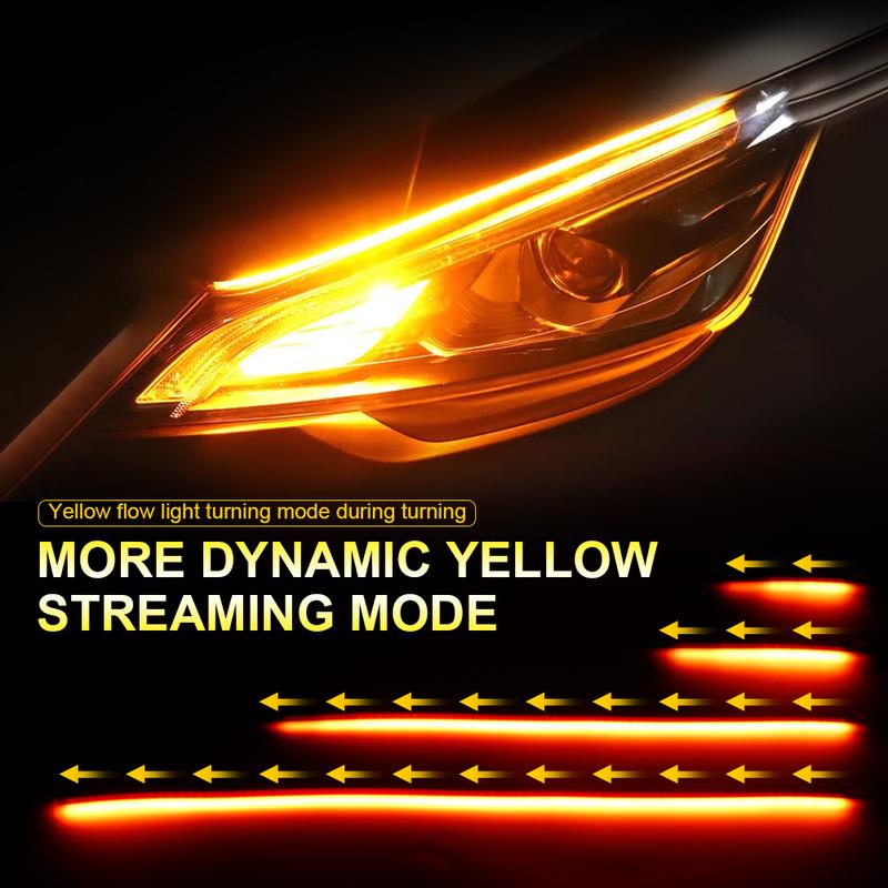 2PCS Car LED Strip Lights Flexible LED Headlight Strips With Turn Signal Yellow Light Waterproof Car Daytime Running Light Strip