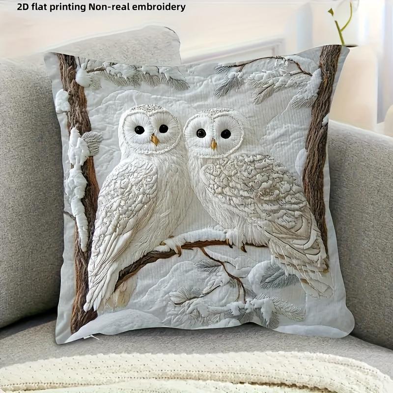 Exquisite Ornaments Unisex 2D Snowy Owl Couple Pillow Cover Winter Forest Owl Print Cushion Case For Sofa Couch Boho Animal Lover Home Decor