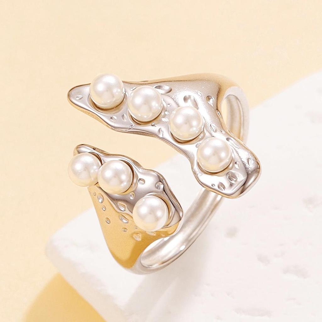French Retro Geometric Irregular Stainless Steel Ring with Baroque Pearl - Adjustable Women's Statement Jewelry