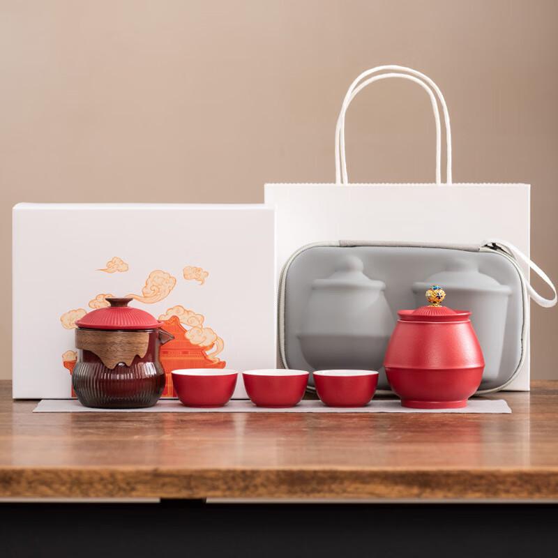 DH Creative Forbidden City Style Travel Tea Set One Pot, Three Cups + Tea Caddy