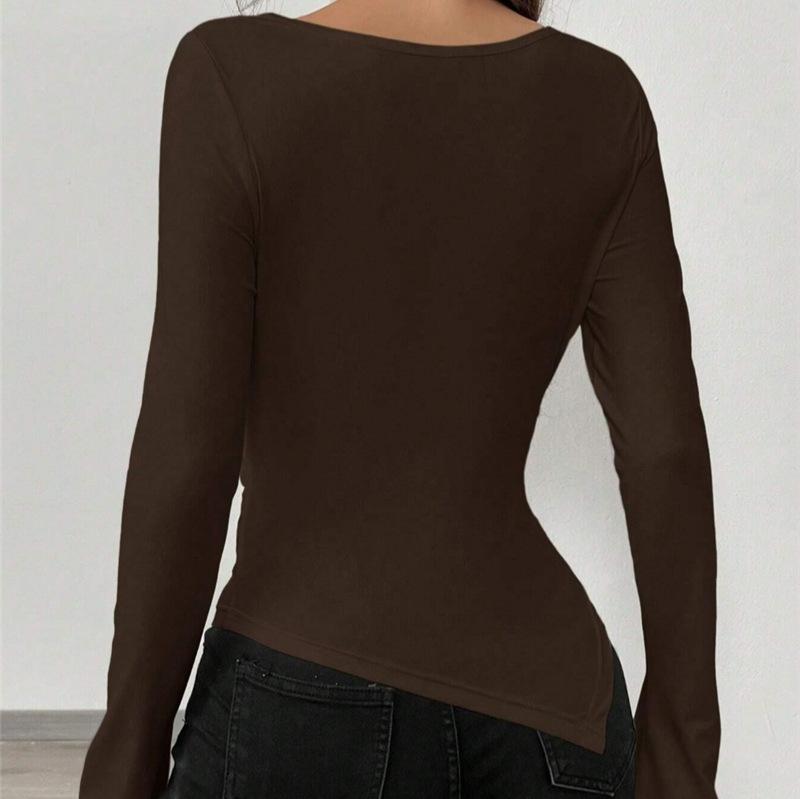 Women's Spring and Summer V-neck Strapless Two Wear Design Sense Slim Pleated Irregular Long-sleeved T-shirt