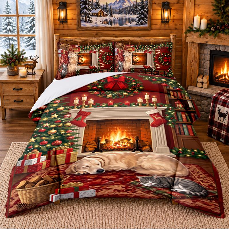 Christmas 3Pcs Bedding Set 1 Bed Sheet 2 Pillowcases Printed Bedroom Bedding Holiday Gift