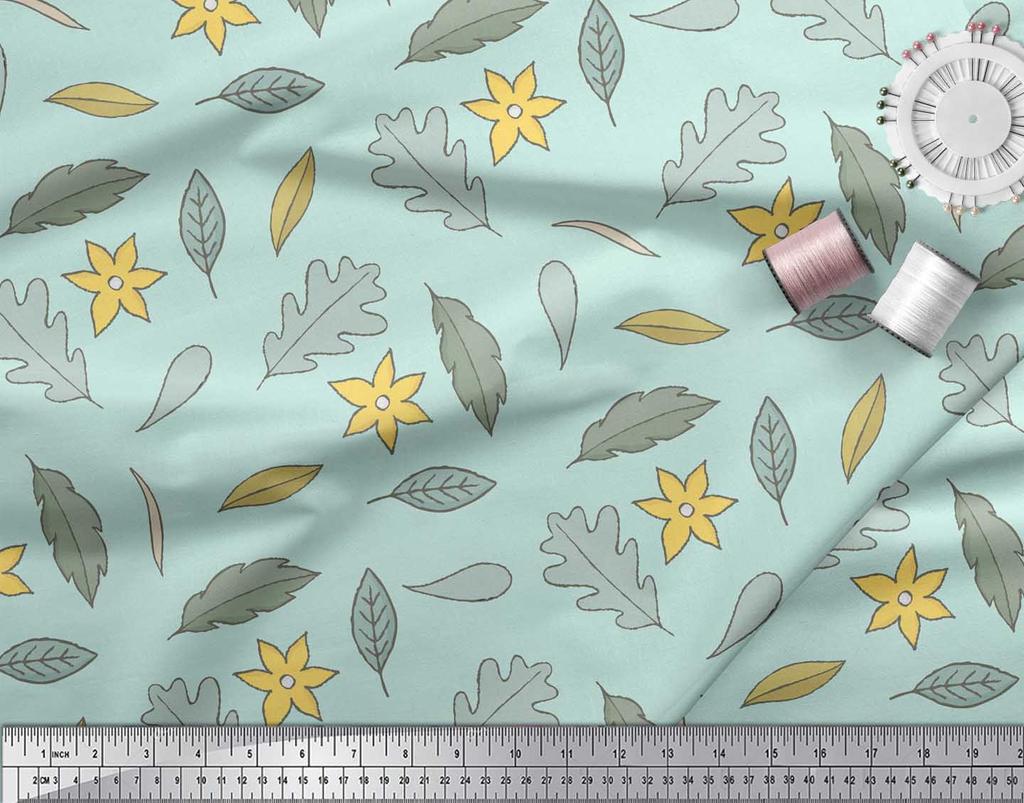 Soimoi Gray Japan Crepe Satin Fabric Leaf Floral Decor Fabric Printed Metre 42 Inch