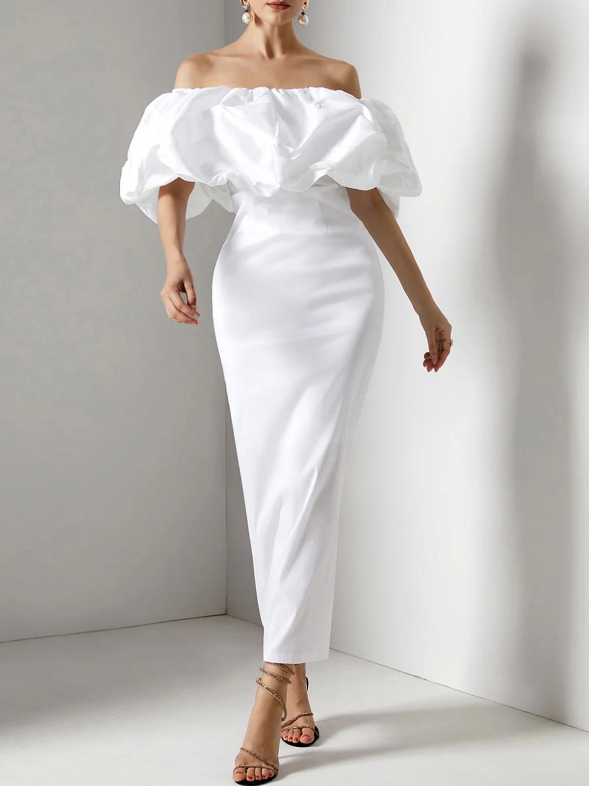

Elegant European Style One-Shoulder Long White Bodycon Dress for Women L белый