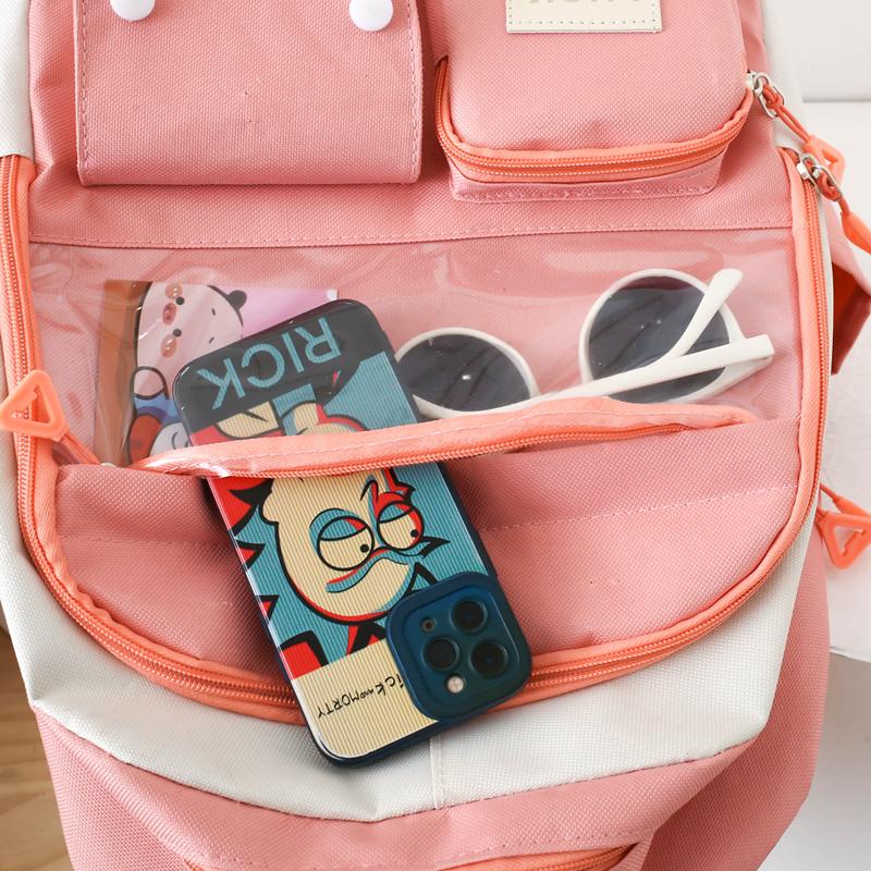 Five-Piece Backpack Set Women's Color Block Backpack Student Schoolbag Large Capacity Backpack