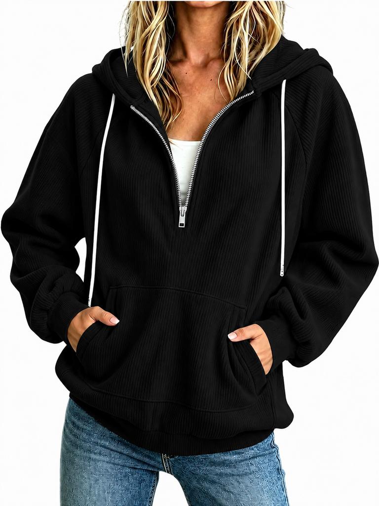 New European and American Women's Clothing Semi-zipper Hooded Sweater Loose Long-sleeved Drawstring Casual Top Spot Women