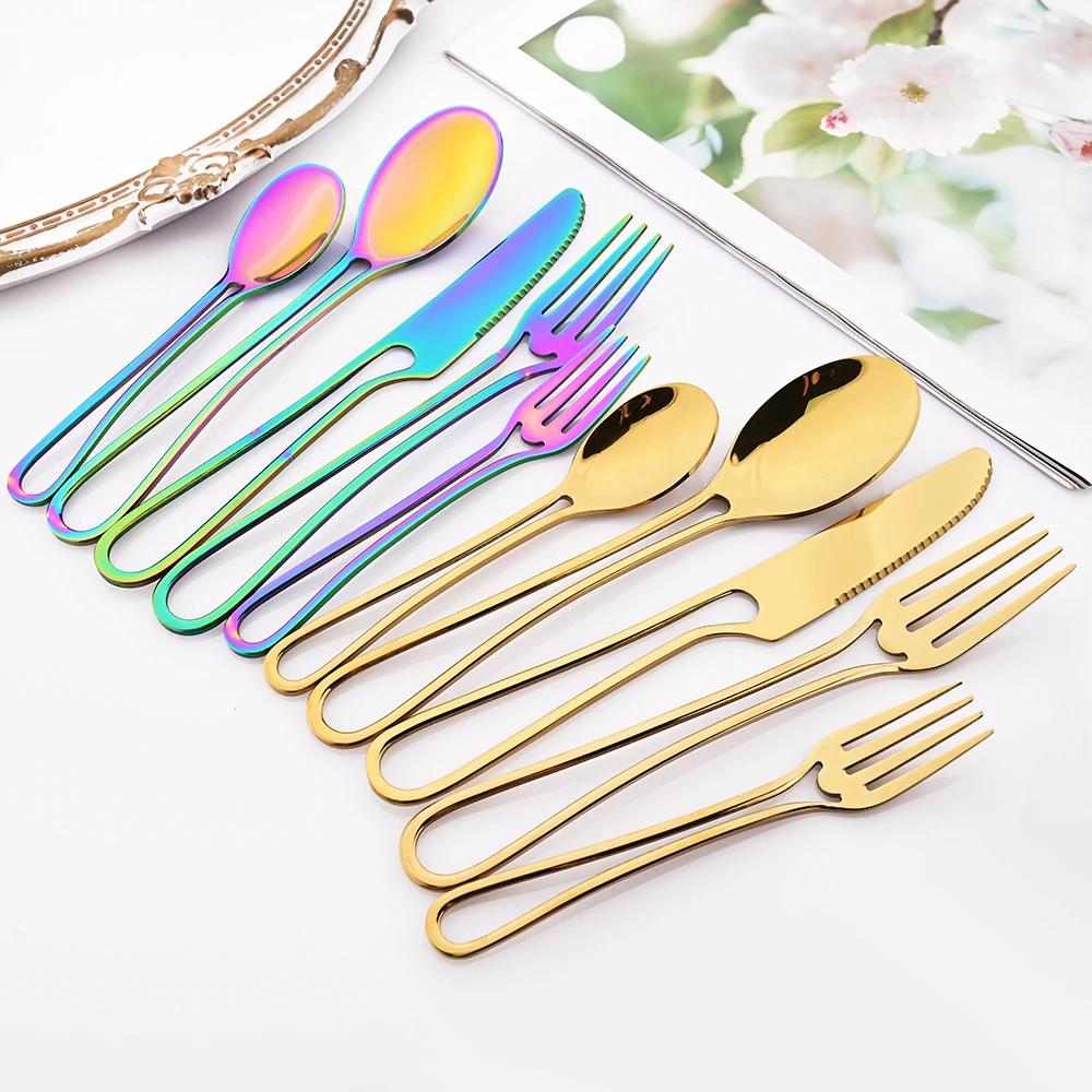 5Pcs Knife Fork Spoon Flatware Set Rainbow Hollowed Out Handle Dinnerware Set Stainless Steel Western Food Suit Silverware Set