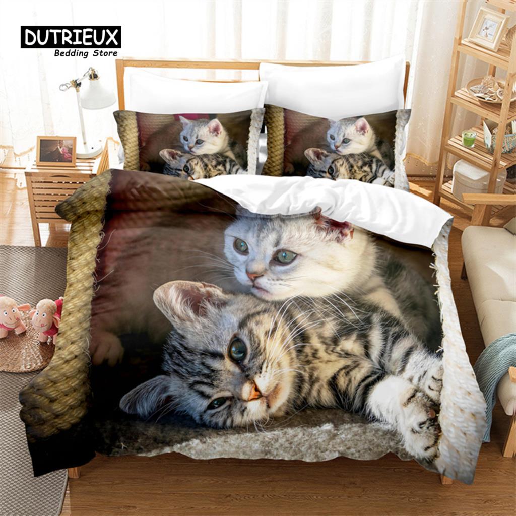 Cat And Dog Bedding Set, 3Pcs Bed Cats Duvet Cover Set, Soft Comfortable Breathable Duvet Cover, For Bedroom Guest Room Decor