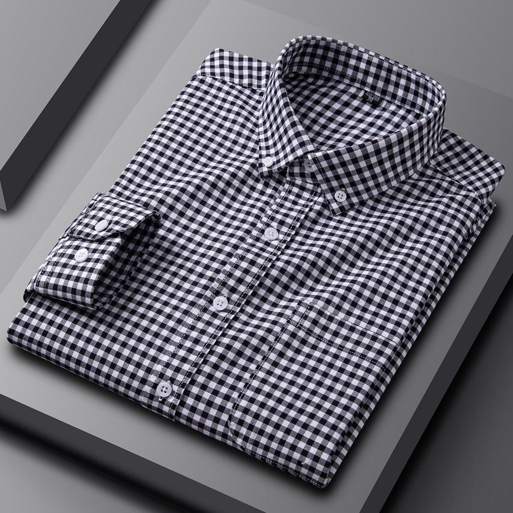 Men's Casual Business Enzyme Washed Plaid Oxford Shirt - Long Sleeve, High-End, for Spring and Autumn