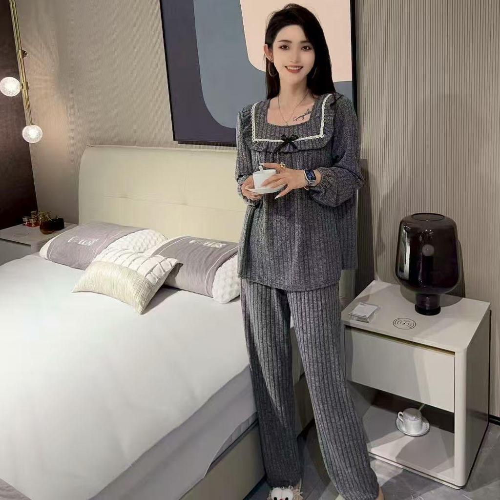 One-Piece Women's Corduroy Square Neck Pajama Set - Autumn Style