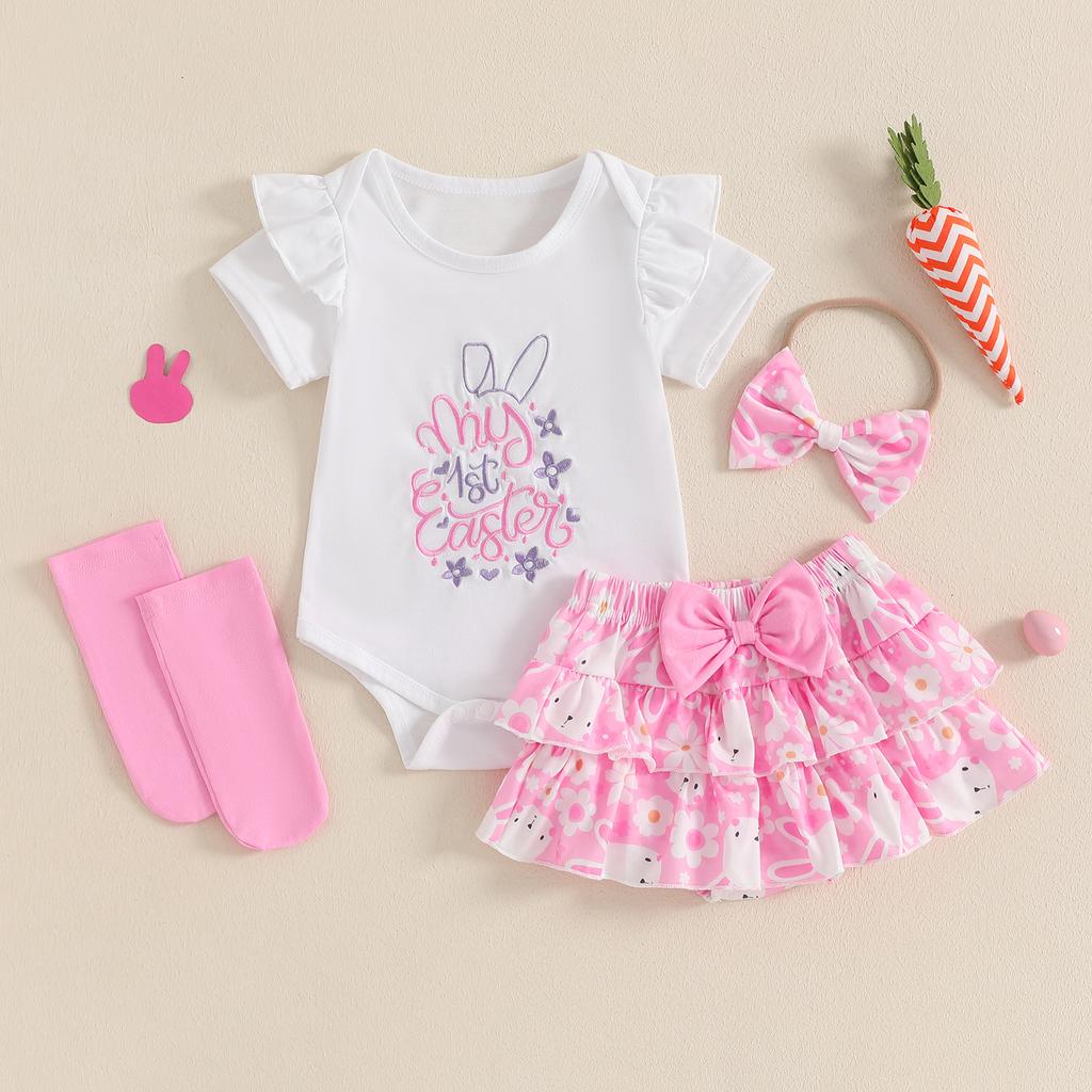 Baby Girls Easter Outfits Letter Embroidery Flying Sleeve Romper + Bunny Print Skirt + Bow Headband + Socks