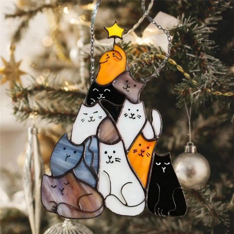 AEE2-Cat Sun Catcher Acrylic Stacking Kitten Ornaments Colorful Decoration Christmas Car Home Decorations
