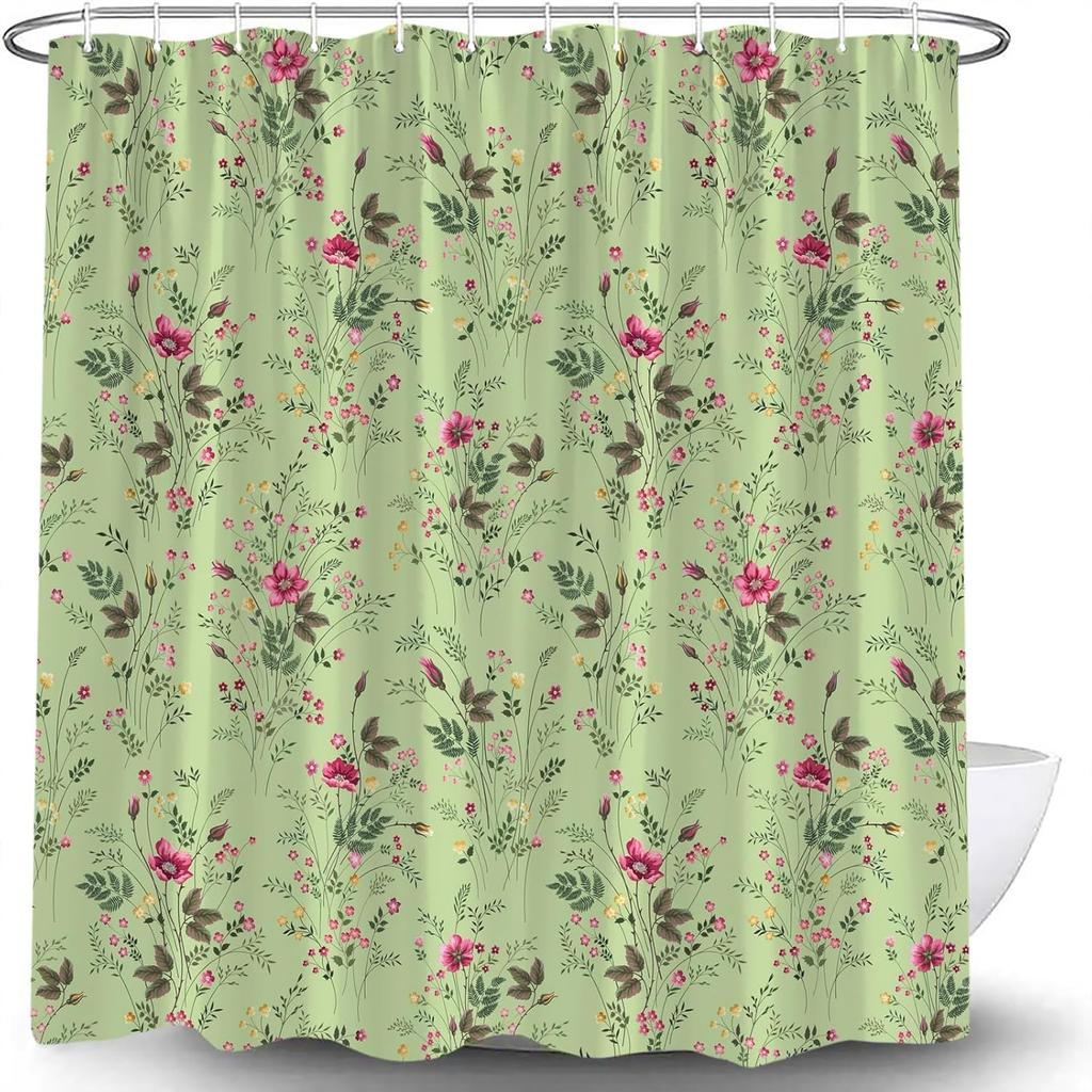 Sage Green Botanical Shower Curtain Floral Vintage Pink Flower Green Leaves Plant Watercolor Wildflower Herb Elegant Bath