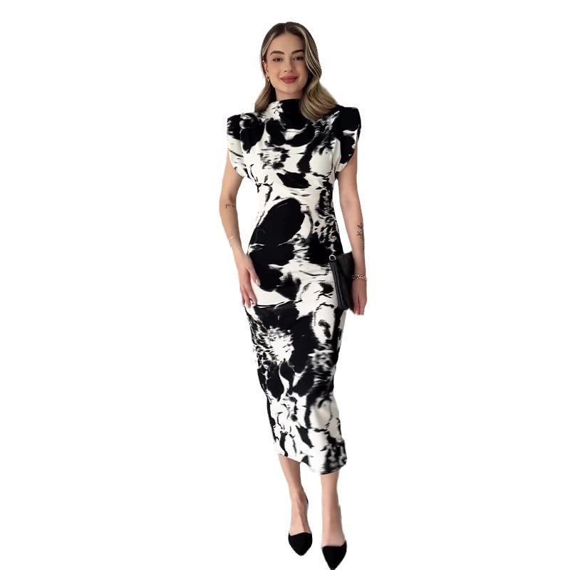 2024 Summer Women's Color Block Fly Sleeve Bodycon Long Dress