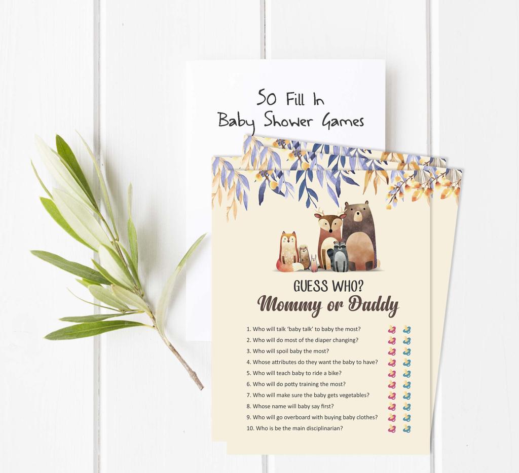 Inkdotpot Who Said it Game Mommy Or Daddy 50 Sheet Fun Baby Shower Game Gender Neutral Leaves & Animals Party Supply