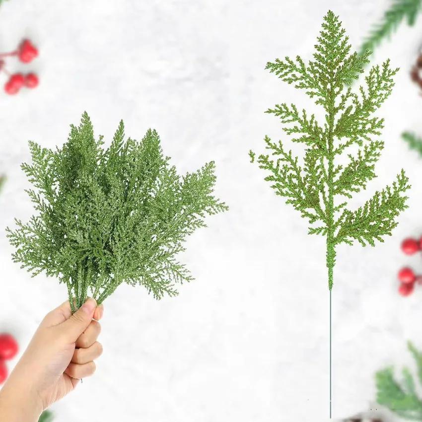 

10 шт. Искусственная рождественская гирлянда для вечеринки, сверкающие листья, сосновые иголки, кипарисовая гирлянда, зелень, растение, рождественский домашний зимний декор зелёный