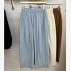 Women Khaki Elastic Waist Pleated Wide Leg Pants Casual Cotton Trousers