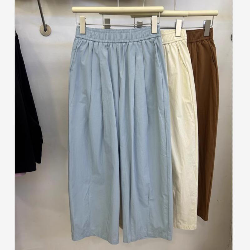 

Women Khaki Elastic Waist Pleated Wide Leg Pants Casual Cotton Trousers L синий