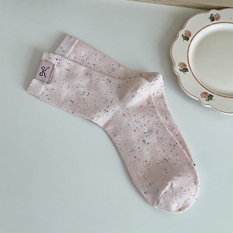 Autumn and Winter College Style Cotton Socks, Colorful Polka Dot Yarn Bow, Fabric Label Mid-calf Socks, Pile Socks for Girls