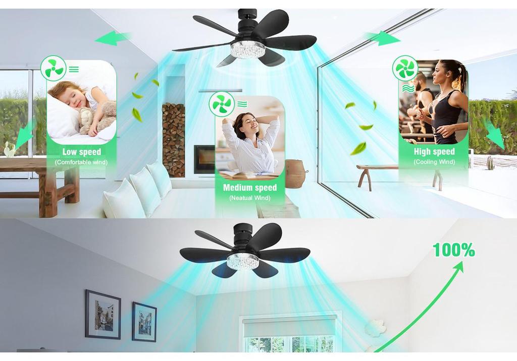 E27 Crystal Ceiling Fan Light with Remote Control - LED Six-Blade for Bedrooms