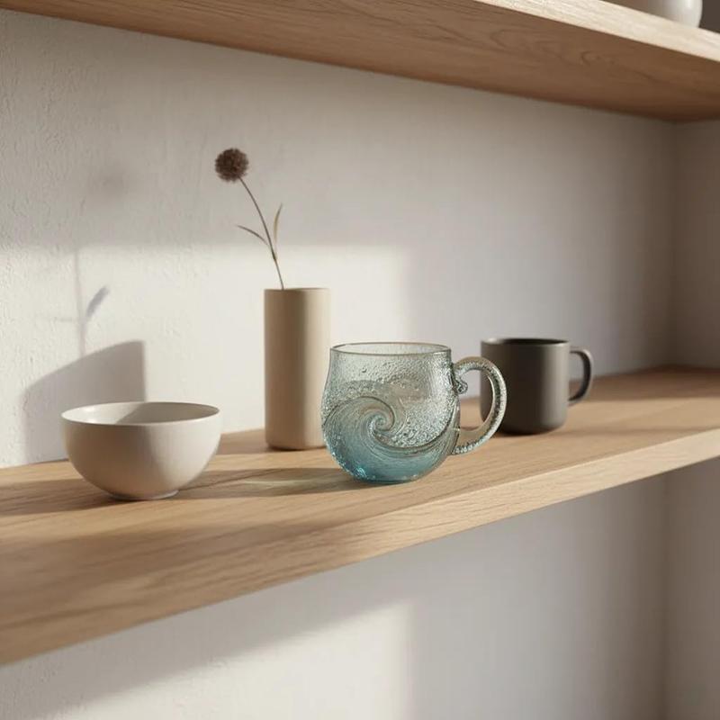 Sea Glass Wave Mug 12 Oz Handblown Ocean Wave Glass Mug Cup Unique Textured Beach Theme Mug For Tea Wine Handcrafted Sea Inspire