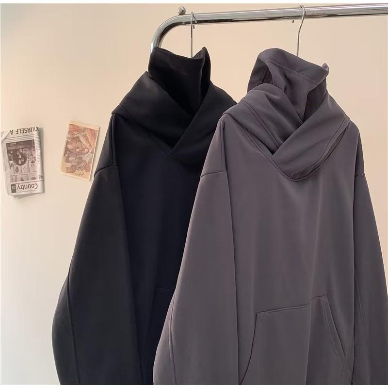 Unisex High Neck Hooded Sweatshirt Winter Warm Fleece Lined Oversized Streetwear Casual Cotton Pullover